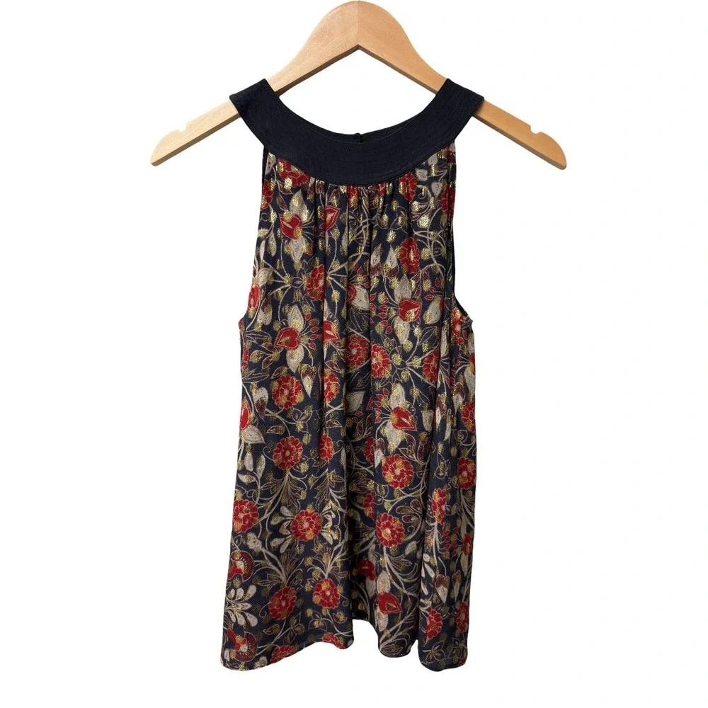 Tory Burch Blouse Womens 4 Navy Blue Silk Metallic Floral Halter Pleated Top EUC
